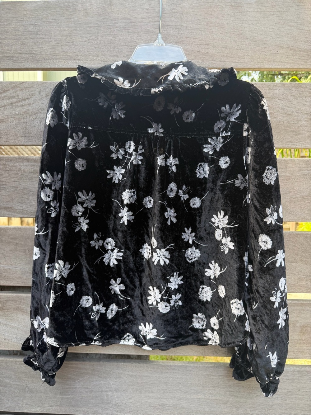 Pilcro Anthropologie Black Floral Velvet Ruffle Collar Blouse Medium - Picture 2 of 3